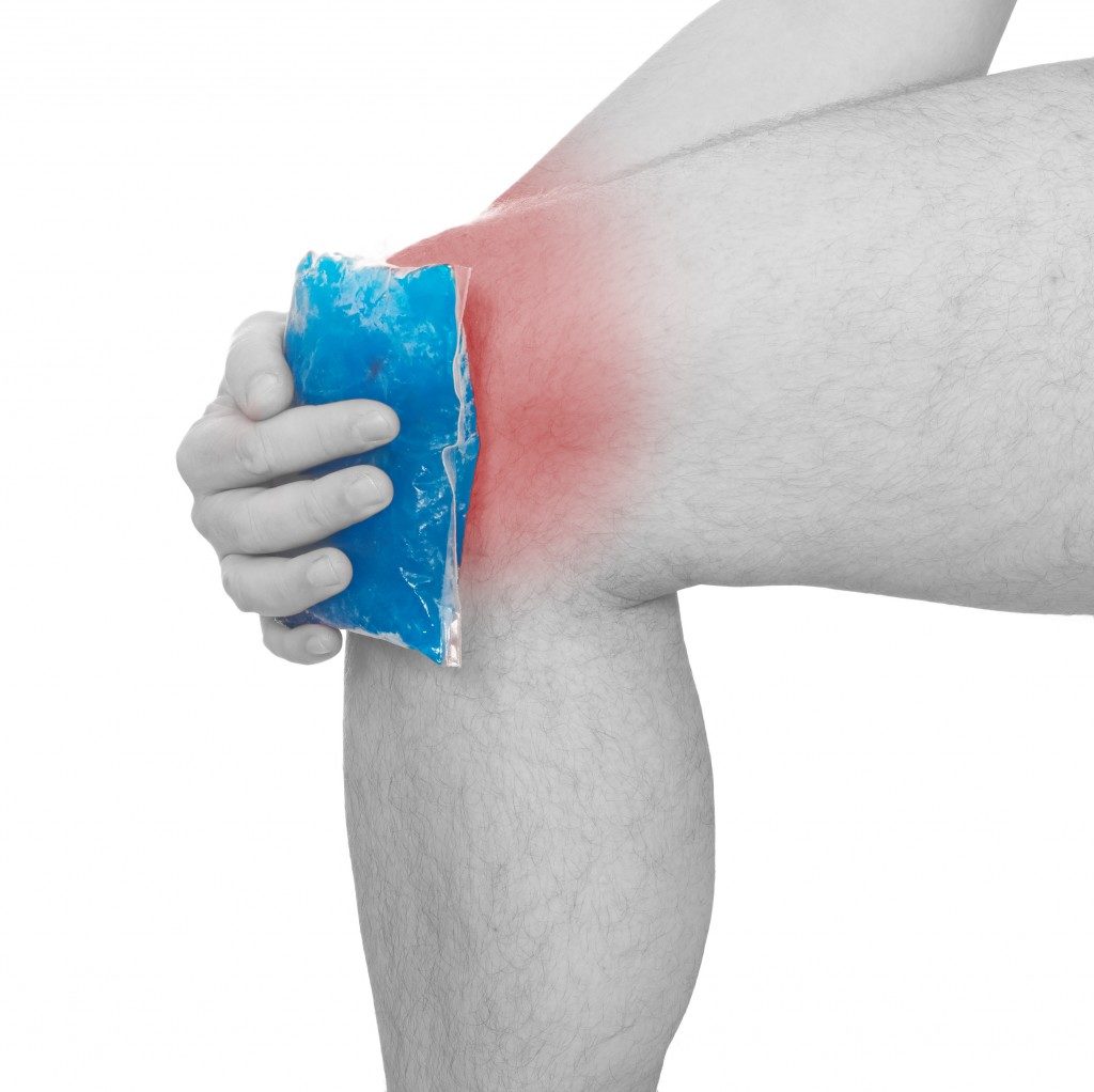 Cool gel pack on a swollen knee